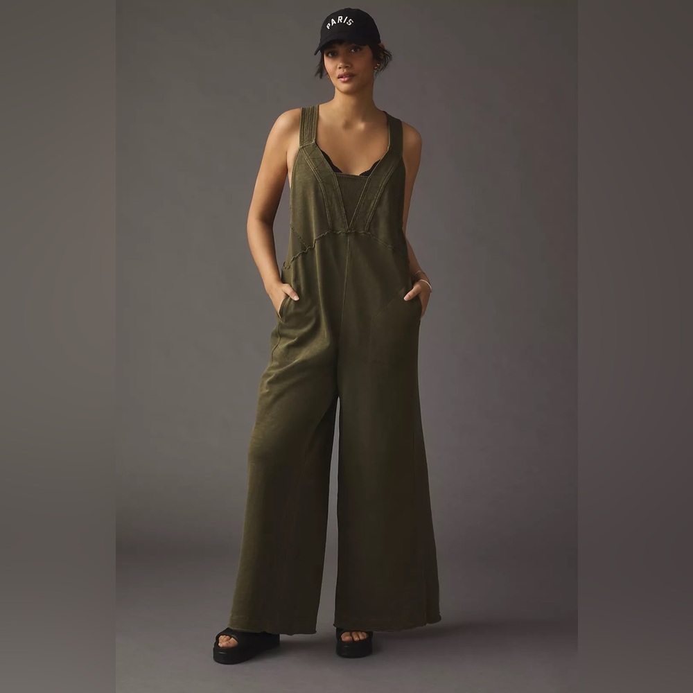 Anthropologie “Palmra Jumpauit” Green V-Neck Wide-Leg